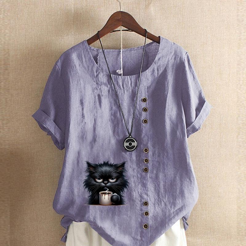 Women's Fashion Cute Black Cat Prined Short Sleeve T-shirt Loose Cotton Shirt Casual Loose Summer Blouse Tops Plus Size