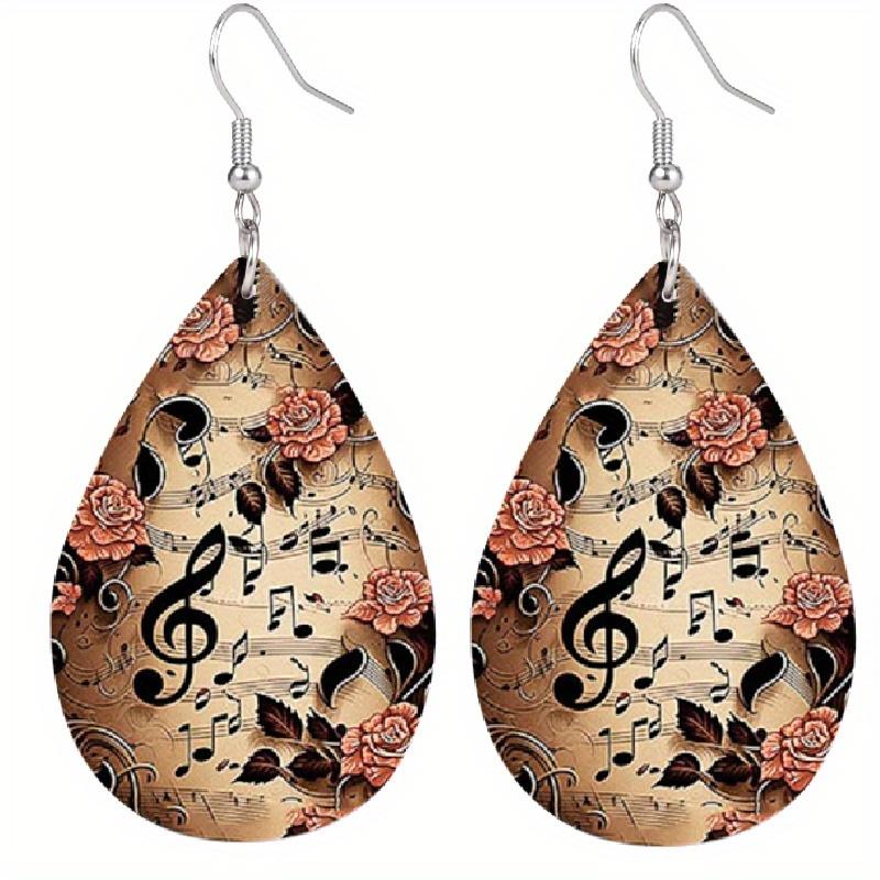 Fashion Water Drop PU Leather Earrings Vintage Musical Notation Pattern Drop Earrings Colorful Music Score Guitar Flower Pattern Teardrop Earrings