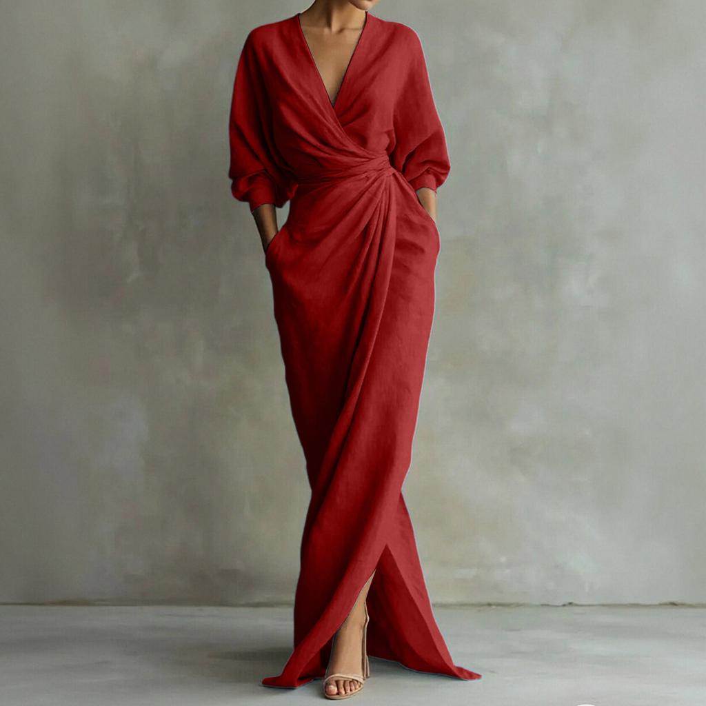 Women's Casual FashionColor V-neck Long Sleeve Slit Waist Pocket Dress