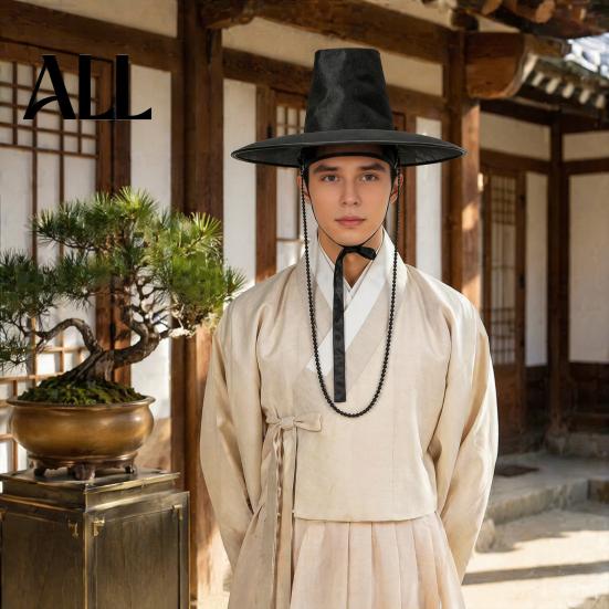 Lightweight Stage Headwear Korean Traditional Hat, Anime Cosplay Accessory, Performance Flat Durable Top Hat with Beaded Chain for Cosplay,