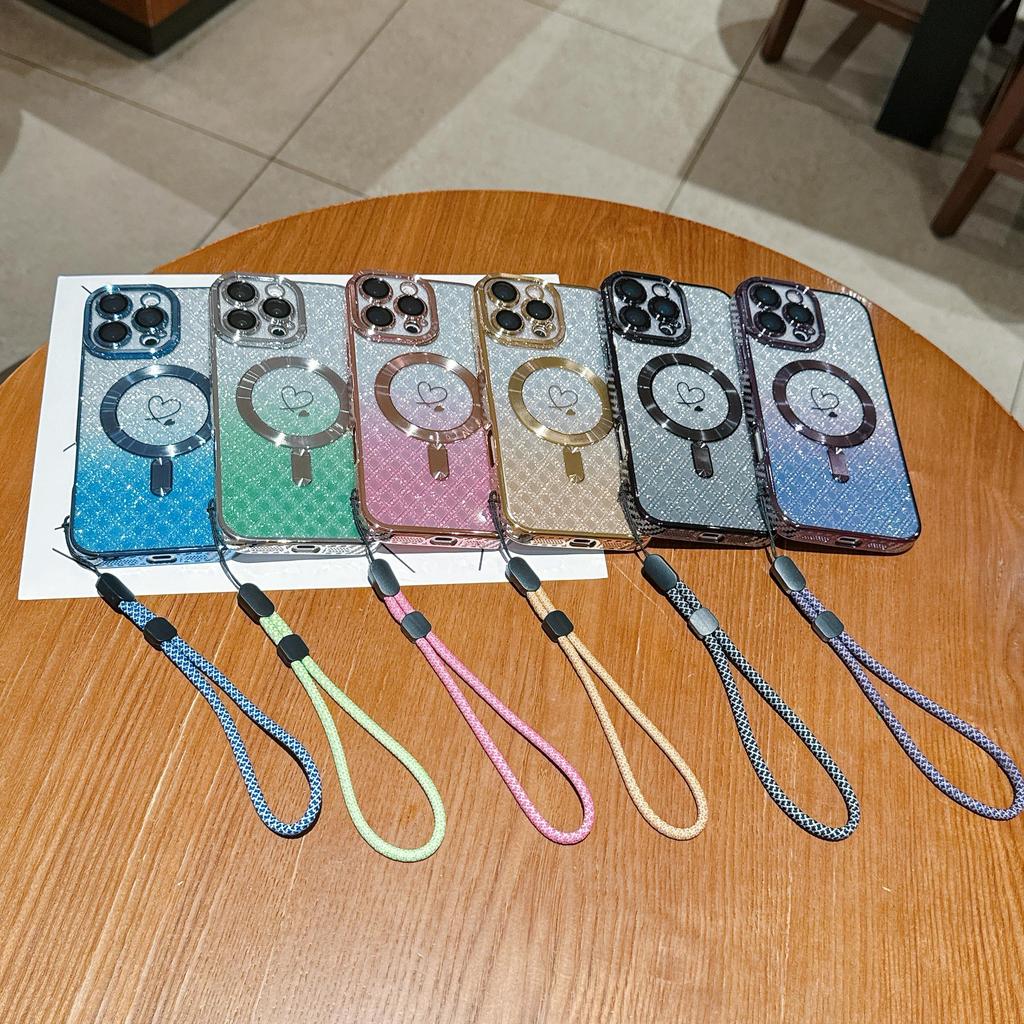 Lanyard Magnetic Gradient Color Glitter Bling Camera Lens Protect Bumper Phone Case For iPhone 17 Air 16 15 Pro Max Samsung S25 S24 Protective Cover
