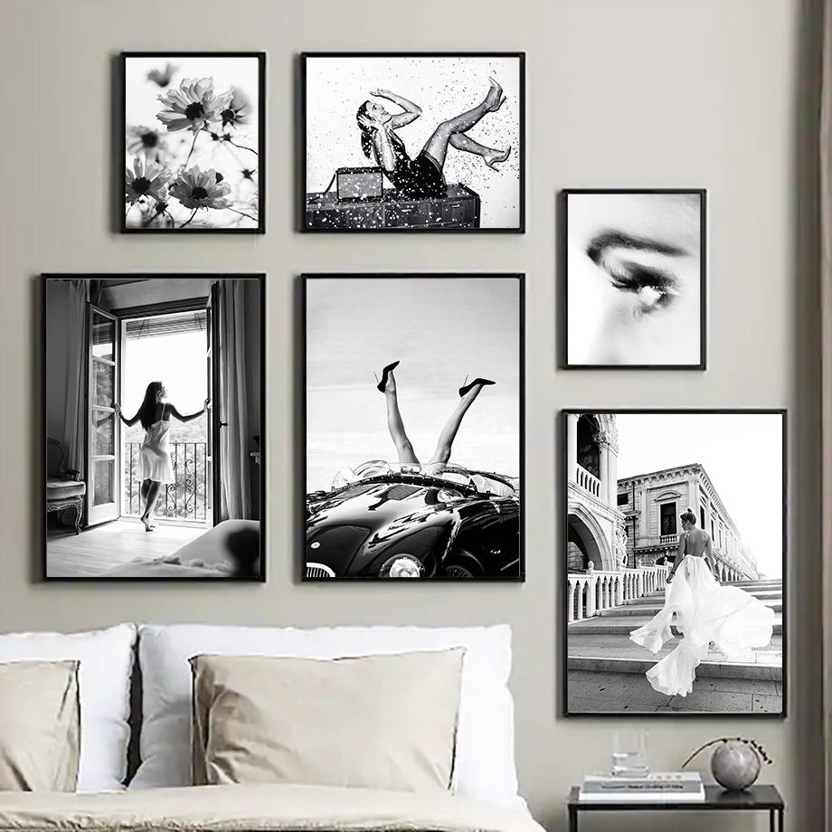 New York Bridge Feather Flower Fashion Girl Wall Art Canvas Painting Posters And Prints Black White Wall Pictures Living Room