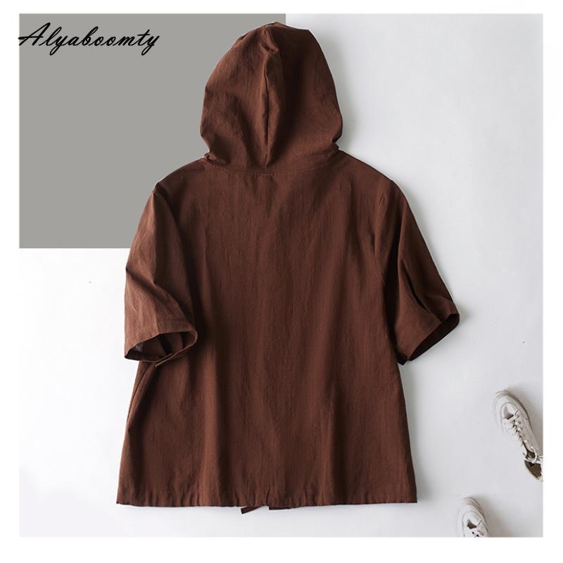 Korean Fashion Summer Women Oversized Cardigan Hooded Coffee Purple Cotton Linen Casual Loose Blouse Plus Size Vintage Ladies Thin Coat