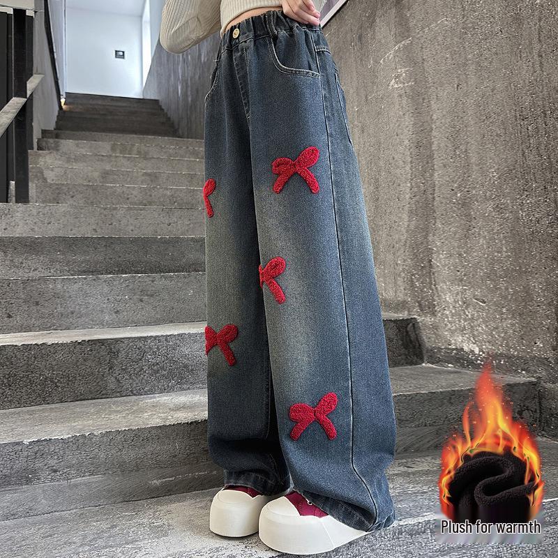 Girls' Chenille Bow Embroidered Fleece-lined Wide-leg Jeans - Stylish Autumn/Winter Slimming Pants