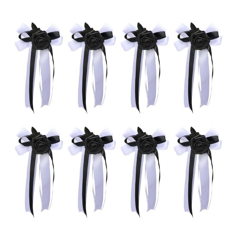 8Pcs Wedding Car Glasses Decorative Bowknots Hangings Artificial Silk Flower Door Handle Decors for Bridal Vehicle