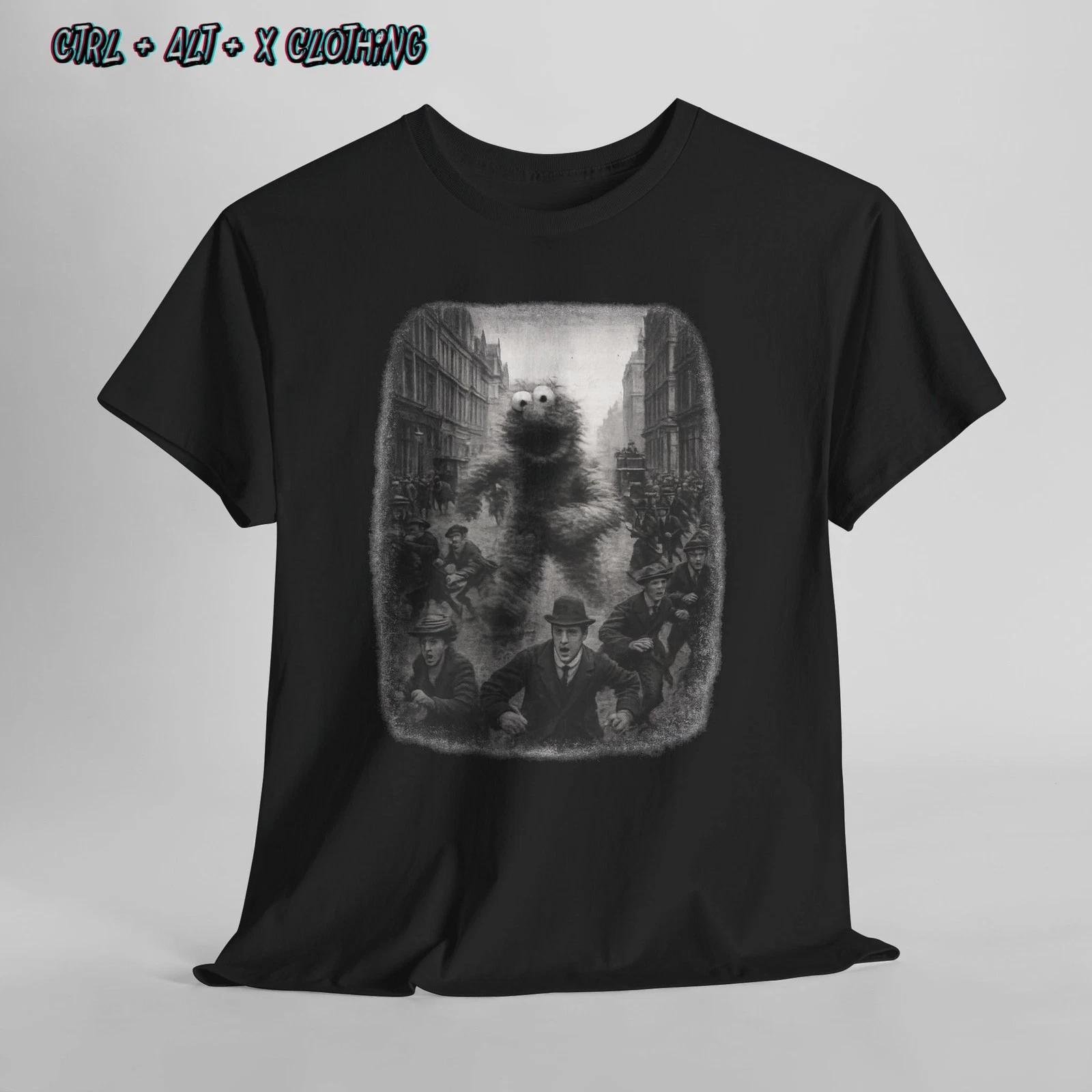 Giant Elmo Monster sesame Street Scene T-Shirt Vintage Horror Illustration Funny S