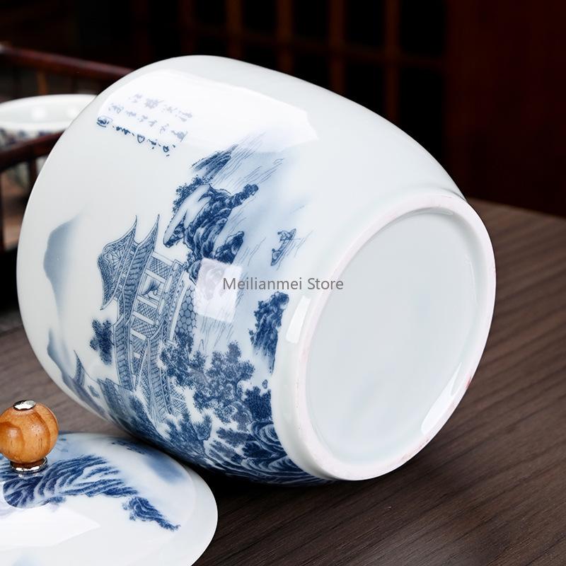 Ceramic Tea Caddy Universal Sealed Multifunctional Storage Tank Mountain Water Blue and White Porcelain Tea Box Storage Jar