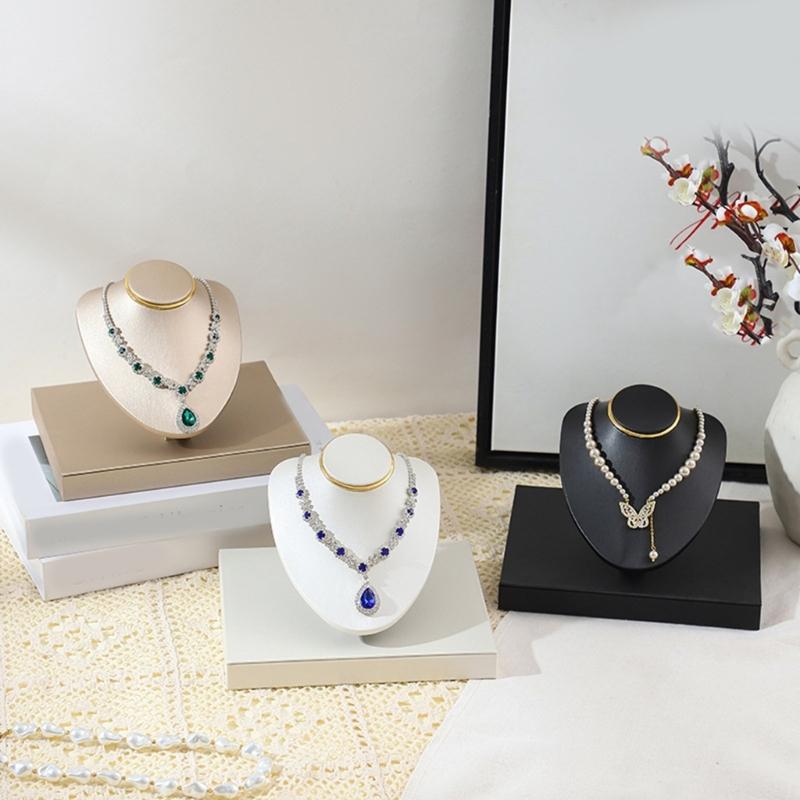 Necklace Display Bust Stand, Leather Covered Jewelry Display Stand with Angled Form and Square Base for Counter Showcase