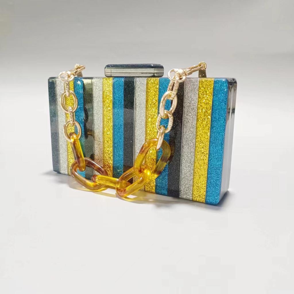 Summer Dinner Bag Retro Color Bar Splicing Acrylic Shoulder Chain Bag Bag Women