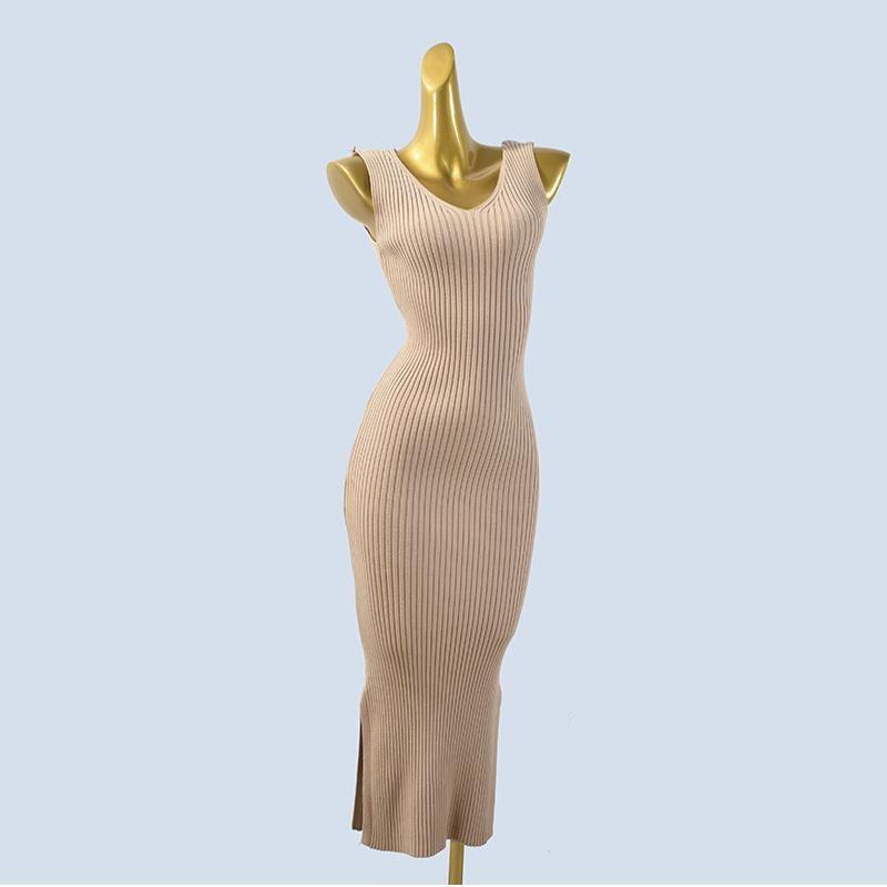 Double V Neck Knitting Sweater Soft Glutinous Stretch Fall/Winter Slim Slim Looking Pure Color Sleeveless Vest Dress Sheath Split