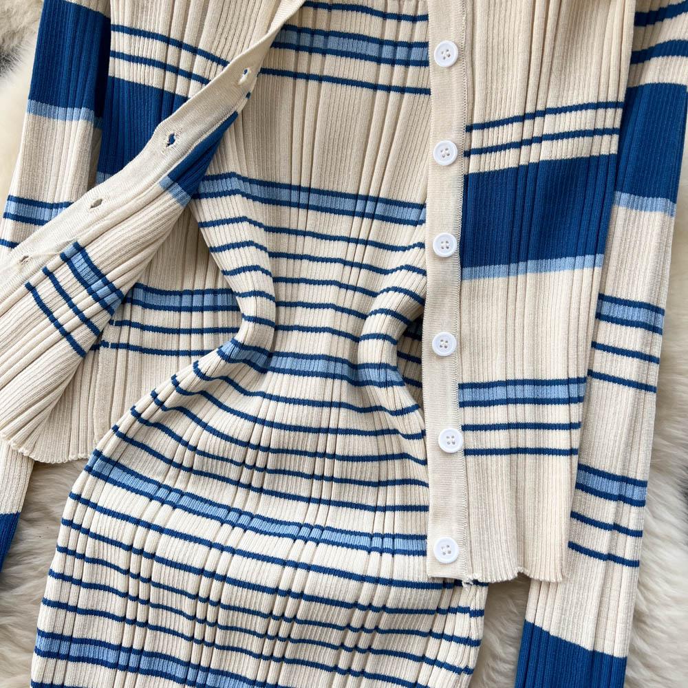 Autumn and Winter Small Fragrant Wind Stripes Collision Color Sexy Lapel Striped Knit Shirt Plus Halter Dress Two-piece
