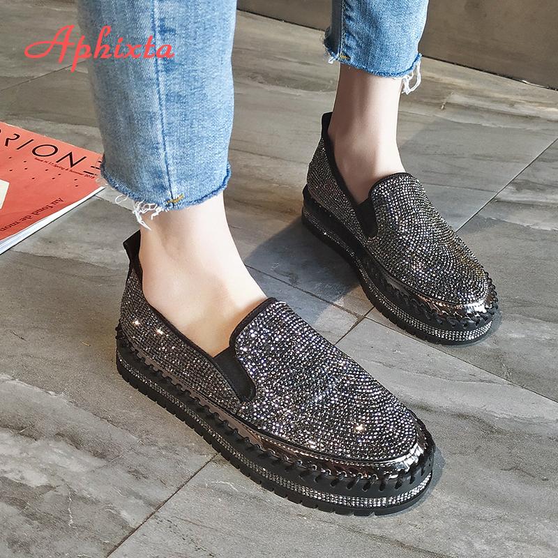 Fashion Aphixta Luxury Crystals Flats Women Slip On Red Pink Khaki Women Sexy Platform Casual Women Shoes Flats Female Rhinestone Loafer