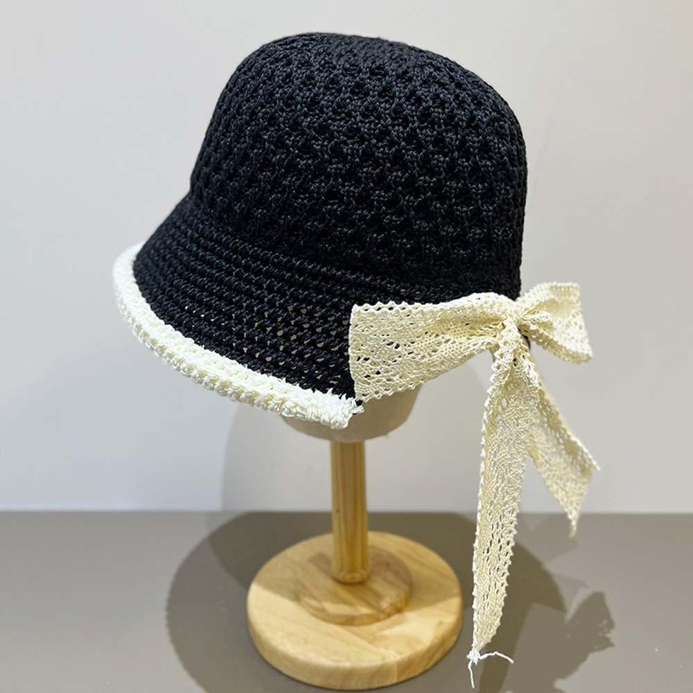 

Temperament Knitted Bucket Hat Hollow Out Bow Fisherman Hat Visor Cap Sun Protection Cap Women