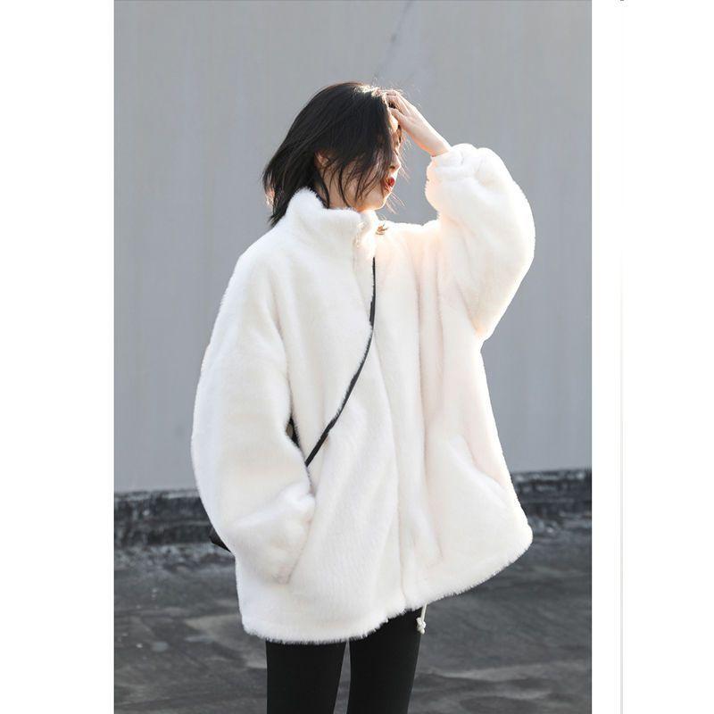 Korean version loose stand-up collar solid color coat medium and long plush jacket top women's winter new women's clothing