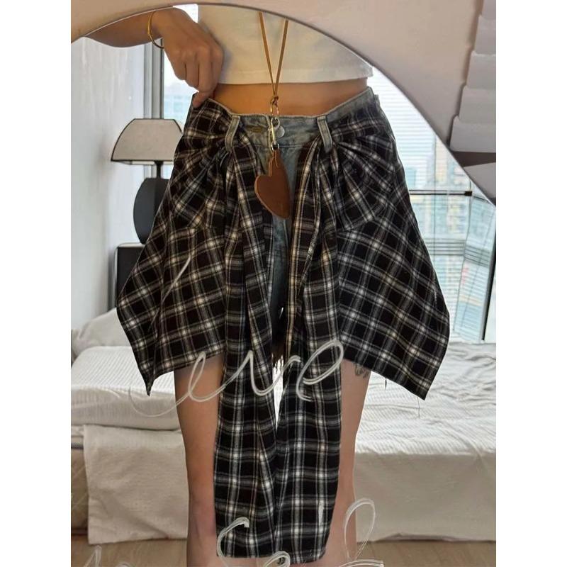 

Women s Plaid Denim Patchwork Asymmetrical Skirt With Bow Tie Mini Skirt S синий