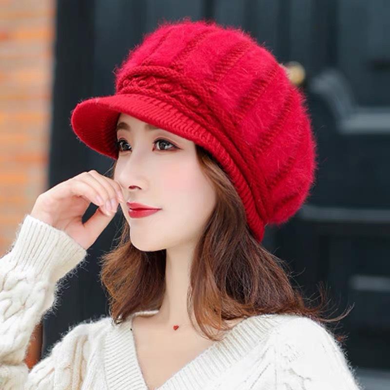 Female Autumn and Winter Casual Rabbit Fur Duck Tongue Beret Winter Cold Warm Knitted Wool Hat