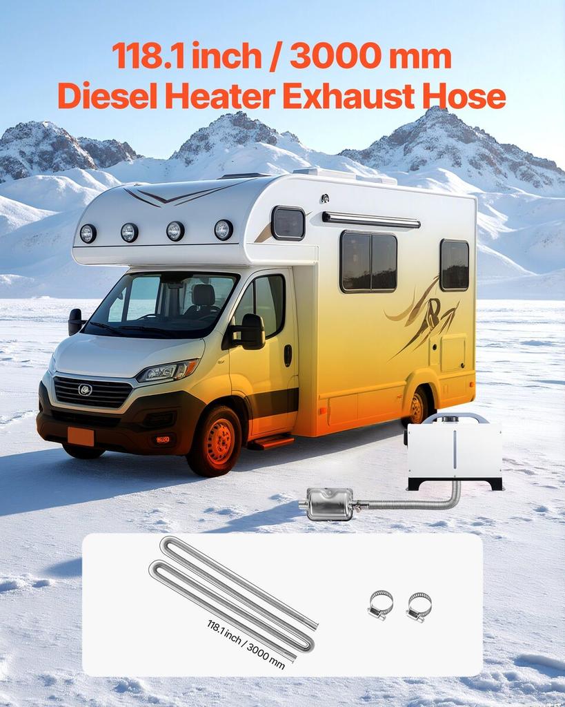 Exhaust Hose, 3000mm Stainless Steel Exhausts Hose, Diesel Heater Flexible Exhaust Pipe with 2 Hose Clamps, Exhausts Hoses Kit Diesel Heater