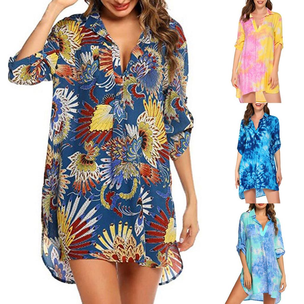 Damenmode bedrucktes, entspanntes, langärmliges, kurzes Strandblusen-Hemdkleid mit V-Ausschnitt