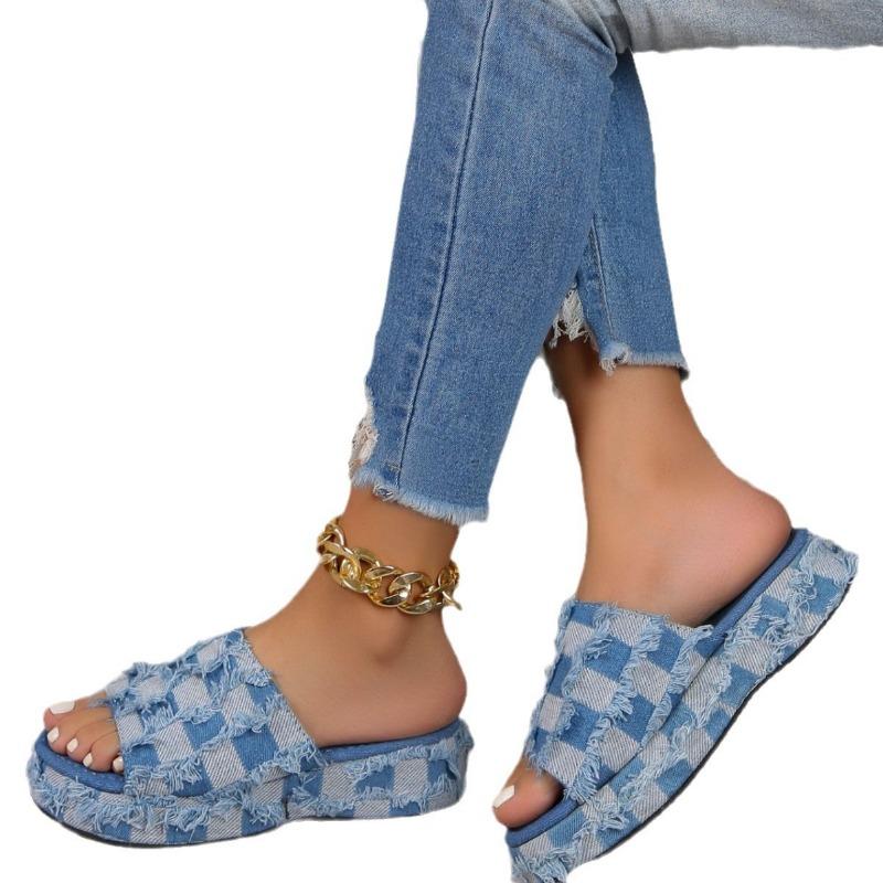 Women's shoes summer new slope heel platform beggar beach wear denim slippers large size women