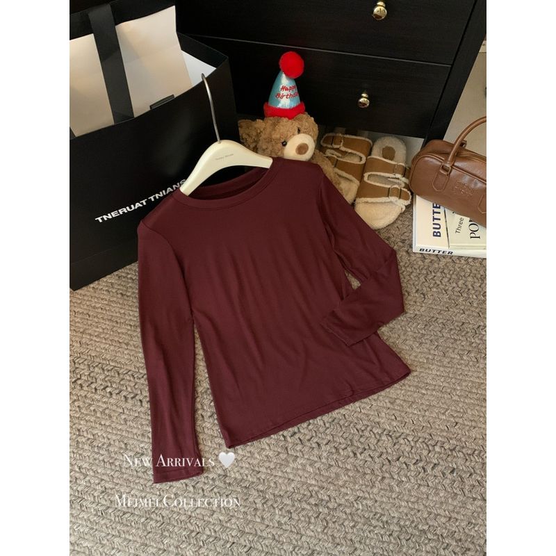 Simple Basic Pure Color All-Matching round Neck Pullover Long Sleeves T-shirt Female Autumn Soft Glutinous Inner Bottoming Shirt Ins Tops