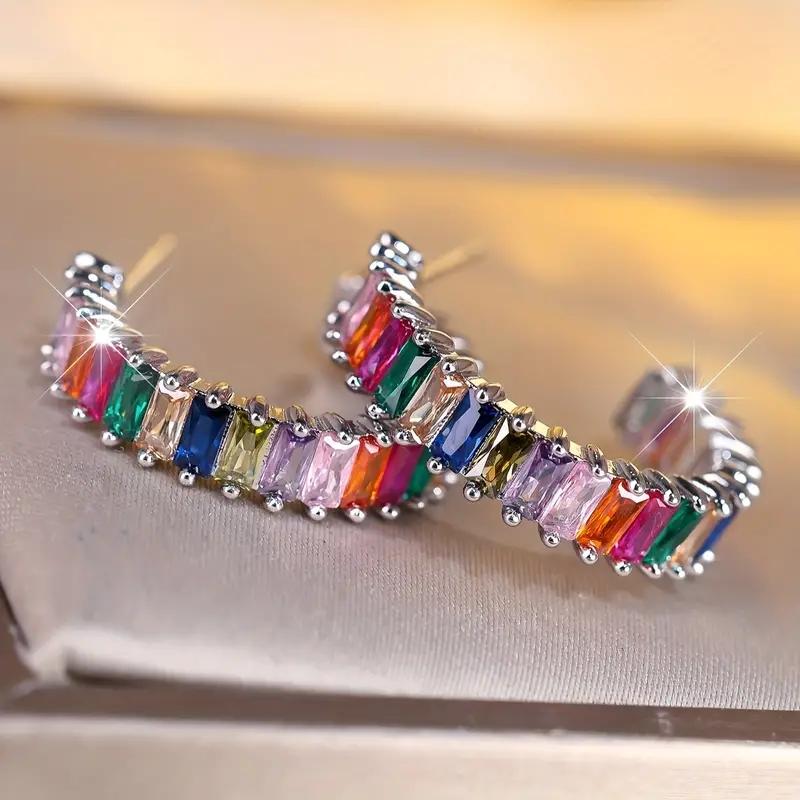 Huitan Bright Multi-colored Zirconia Loop Earrings Women Fashion Accessories for Engagement Modern Trendy  for Daily Wear