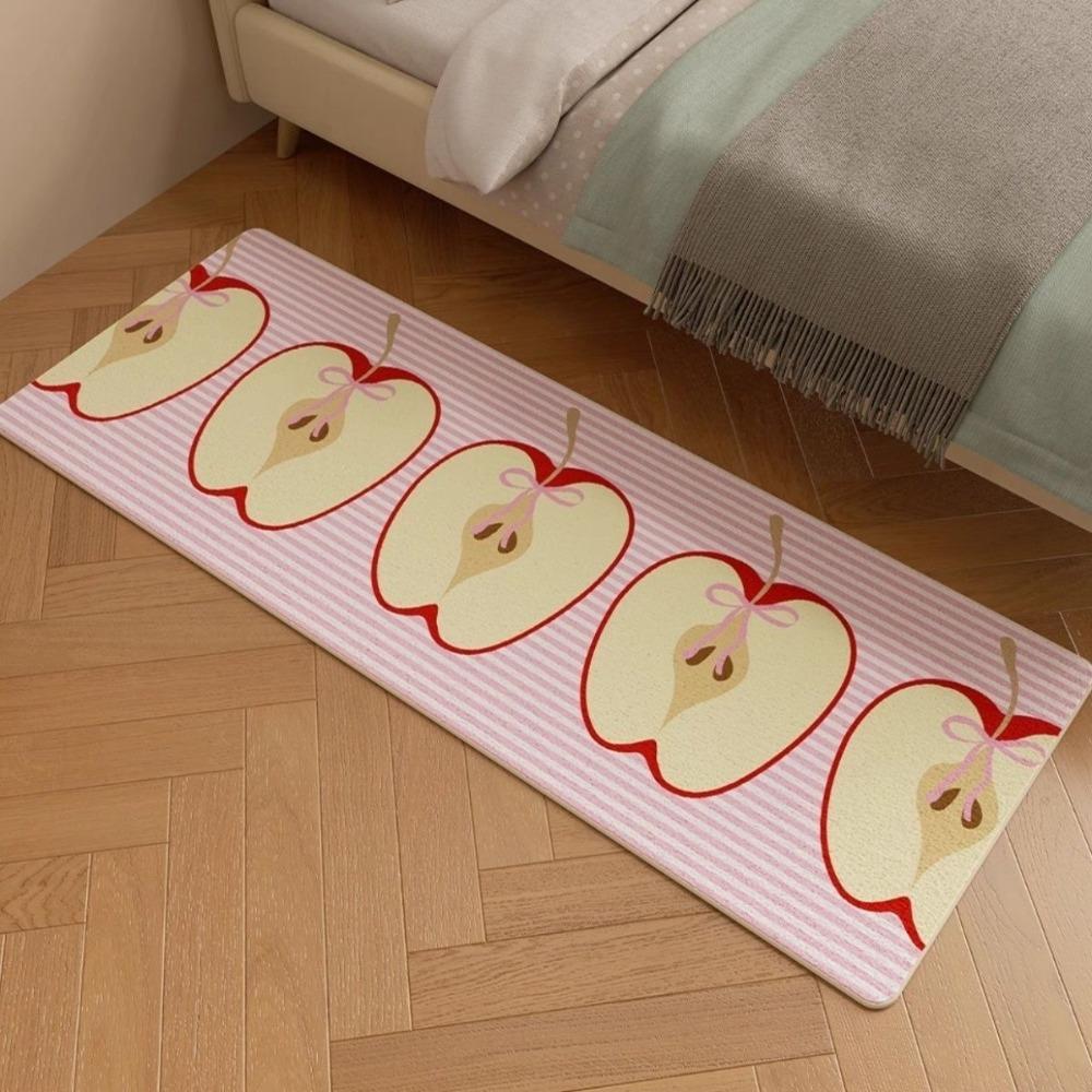 Cartoon Apple Slice Pattern Carpet Mat Striped Rug with Bowknot Decoration for Bedroom Bedside Home Decoration Bedroom Decor
