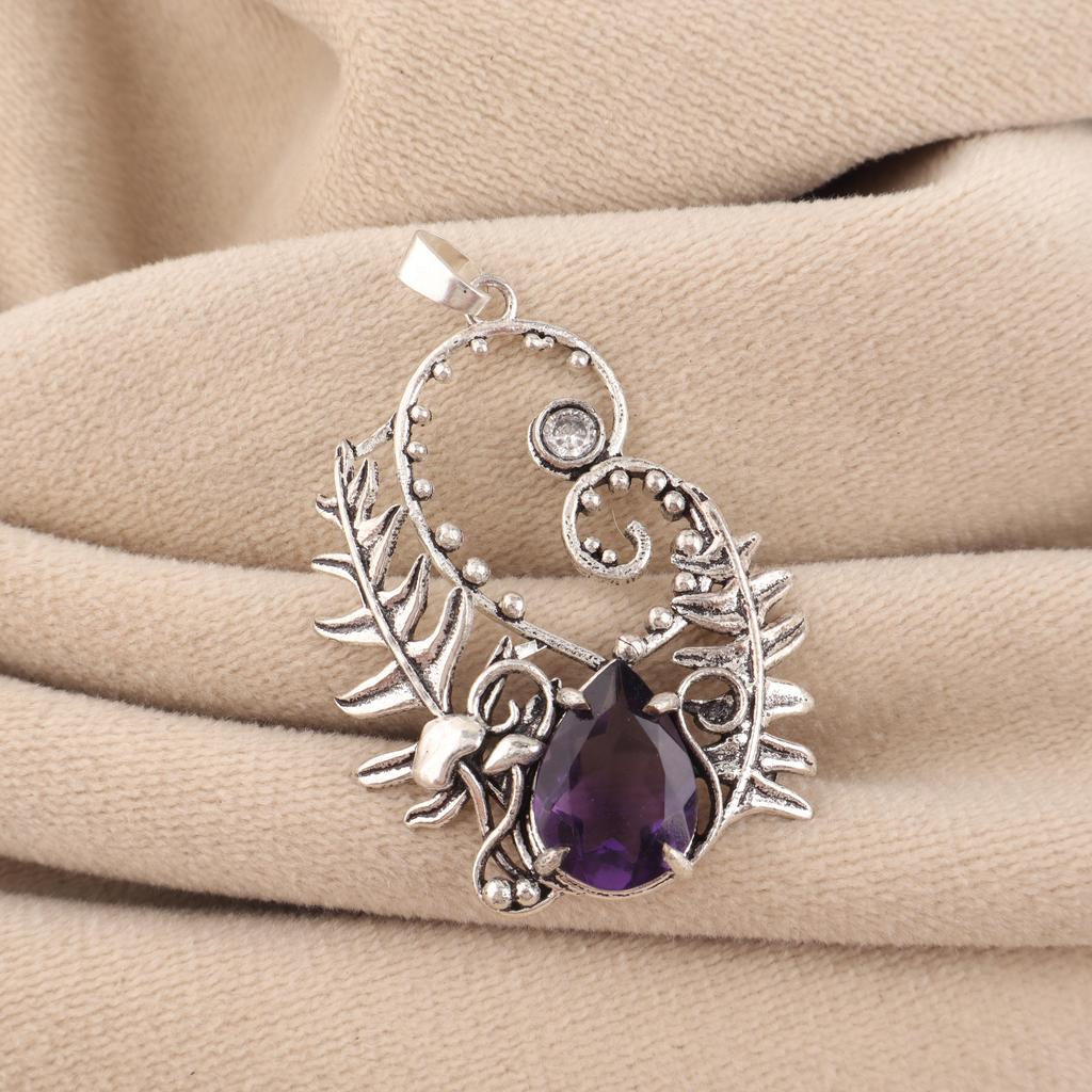 Natural Amethyst Gemstone Silver Unique Pendant 1.8" 925 Sterling Silver Jewelry For Anniversary Gift CP-42-17