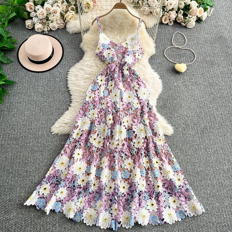 

Платье-слинг с V-образным вырезом и трехмерной вышивкой цветов в французском стиле, женское летнее красивое темпераментное платье с облегающим талию большим подолом, длинное платье феи Purple L