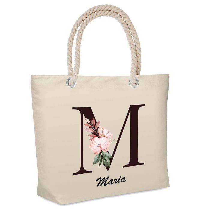 Sac de plage - PLANETEE - isotherme Maria Lettre Fleur - Coton naturel - Grande contenance - Imprimé en France