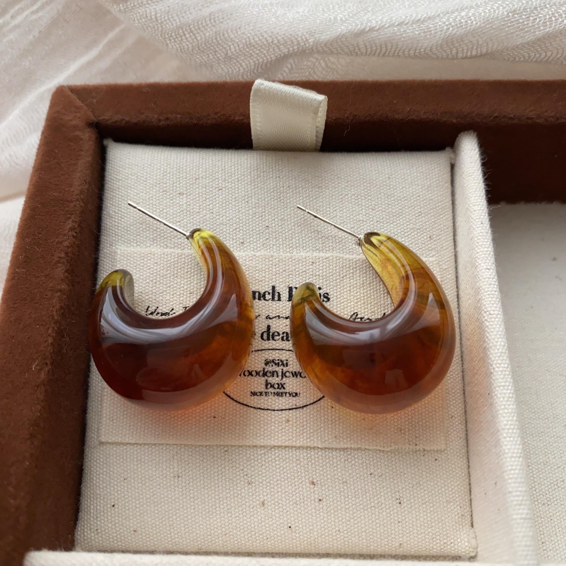 Maillard Circle Resin Earrings Earrings Autumn And Winter 20 Retro Temperament Light Luxury High-End Earrings