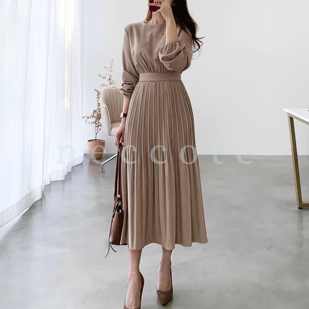 Necote Pleated Classic Long Party Solid Long For Office Size NC405BEM Women's Dress, Sleeves, Dress, Color, Length, Adults, Wear, Spring, Autumn,