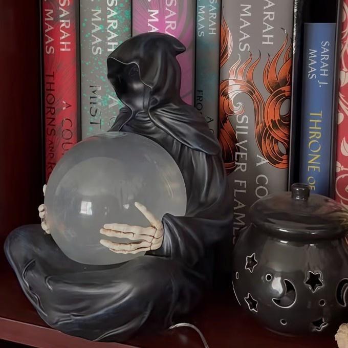 

Halloween Ghost Wizard Holding Crystal Ball Black Horror Robe Desktop Creative Gothic Sculpture Ornaments Retro Weird Party