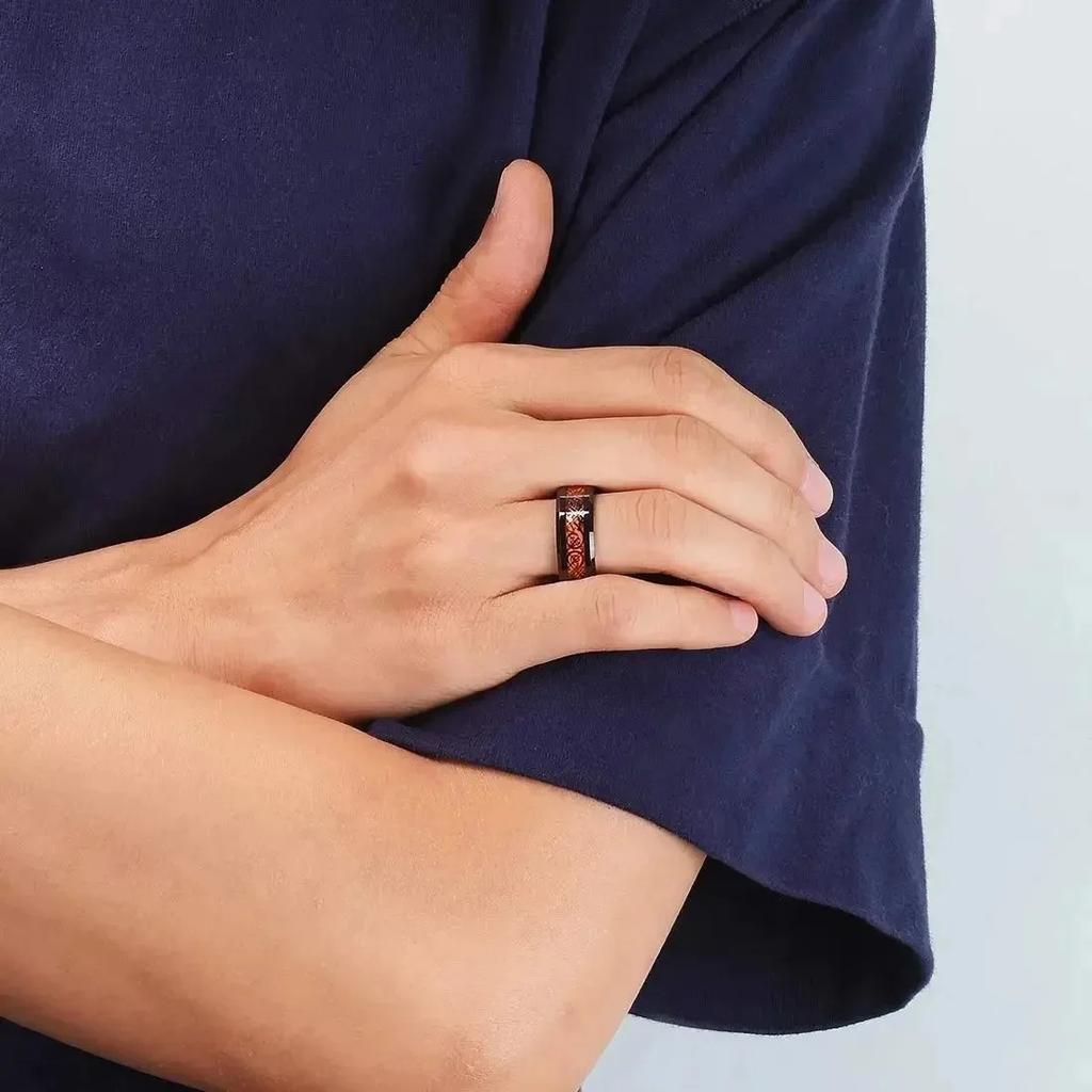 Fashion 8mm Men Stainless Steel Celtic Dragon Rings Inlay Orange Carbon Fiber Rings For Men Women Wedding Band Jewelry