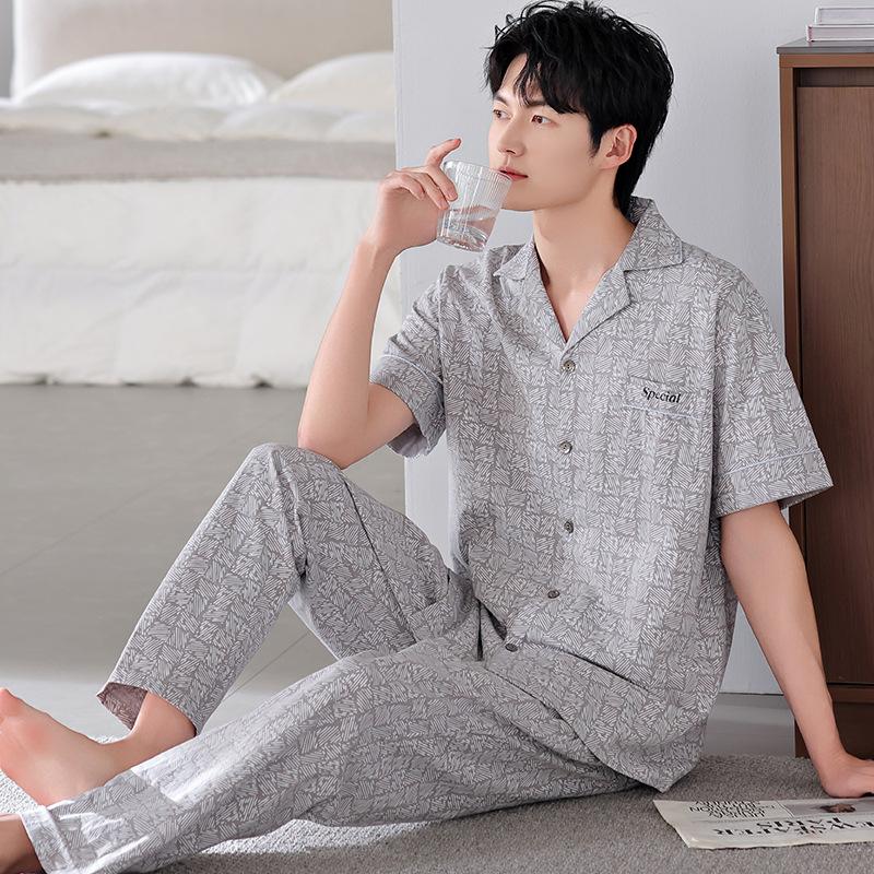 Pajamas Men's Summer Cotton Short Sleeve Trousers Men's Thin Summer Large Size Half Sleeve Men's Summer Loungewear Set