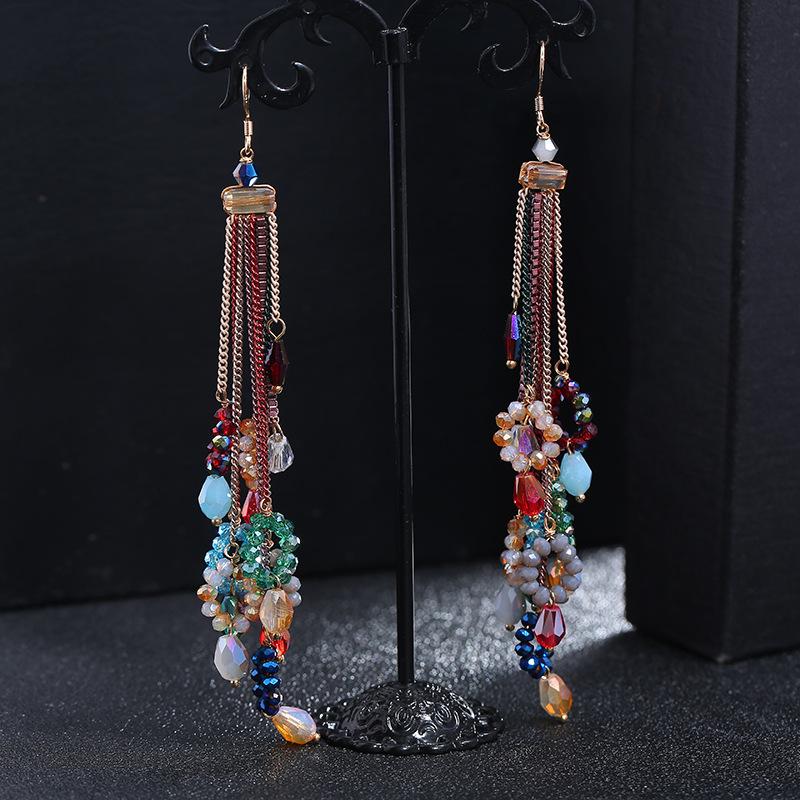 Retro trendy bohemian crystal fringed earrings 925 silver stud earrings temperament long women's personalized earrings