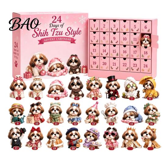 Plastic Christmas Ornament Shih Tzu Advent Calendar, 24-Day Countdown Toy Set with Mini Dog Children Box Figures, Tree Hanging Decor, Gift for Lovers