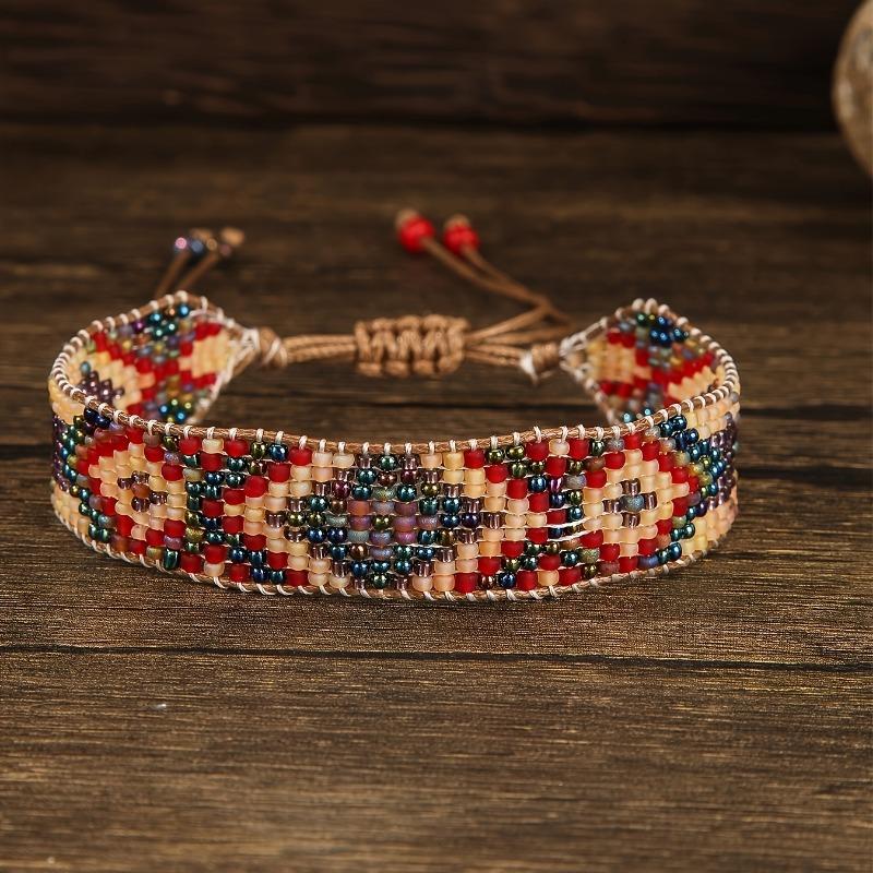 Vintage Bohemian Style Geometric Pattern Glass Seed Bead Handmade Woven Beaded Bracelet, Fashion Beaded Bracelet for Women