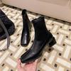 Brown square-headed small short boots for women in the spring and autumn of 2025, new French thick-heeled medium-heeled single boots, elastic and thi