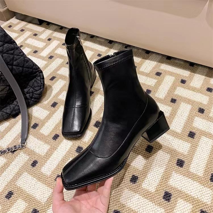 Brown square-headed small short boots for women in the spring and autumn of 2025, new French thick-heeled medium-heeled single boots, elastic and thi
