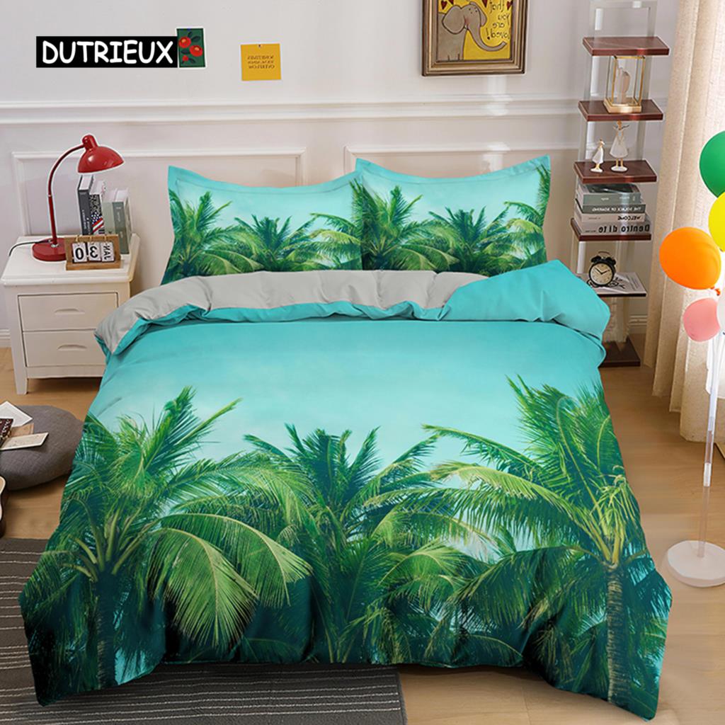 Tropiska Botaniska Blad Kung Drottning Påslakan Grön Palmblad Polyester Sängkläder Set för Barn Tonåringar Vuxna med Örngott