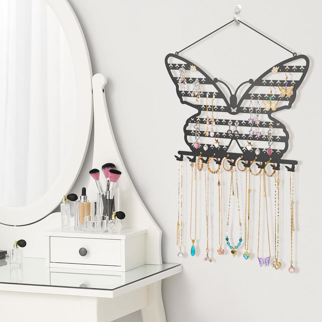 NiHome Butterfly Wall Mounted Jewelry Organizer, Decorative Metal Earring and Necklace Holder for Bedroom, Vanity, or Closet, Stylish Organizer with