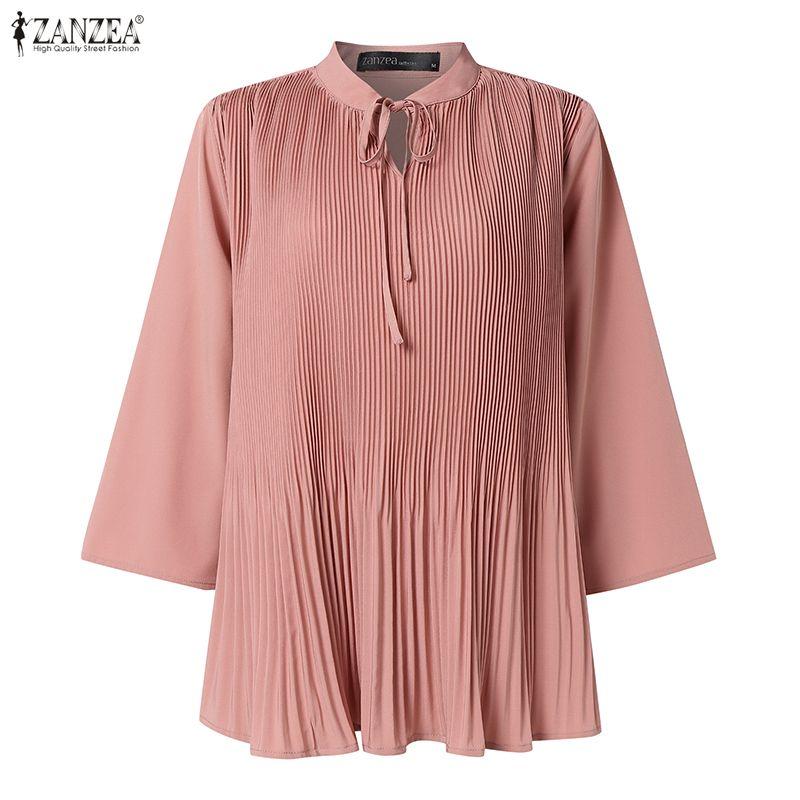 ZANZEA Women Casual Round Neck Solid Color 3/4 Sleeve Loose Blouse