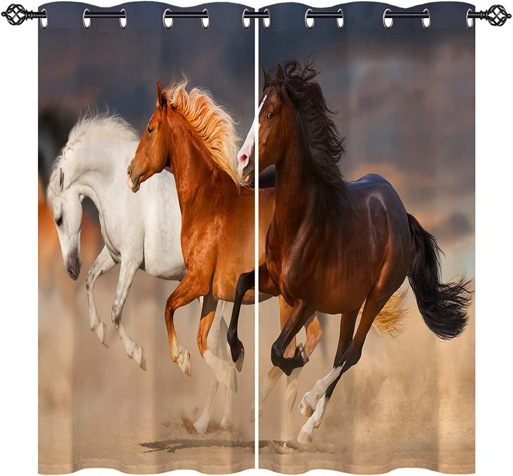 3D Print Pattern of Painting Art Horses Running On Forest River Creek Curtains 3D Print Window Curtains For Bedroom Living Room