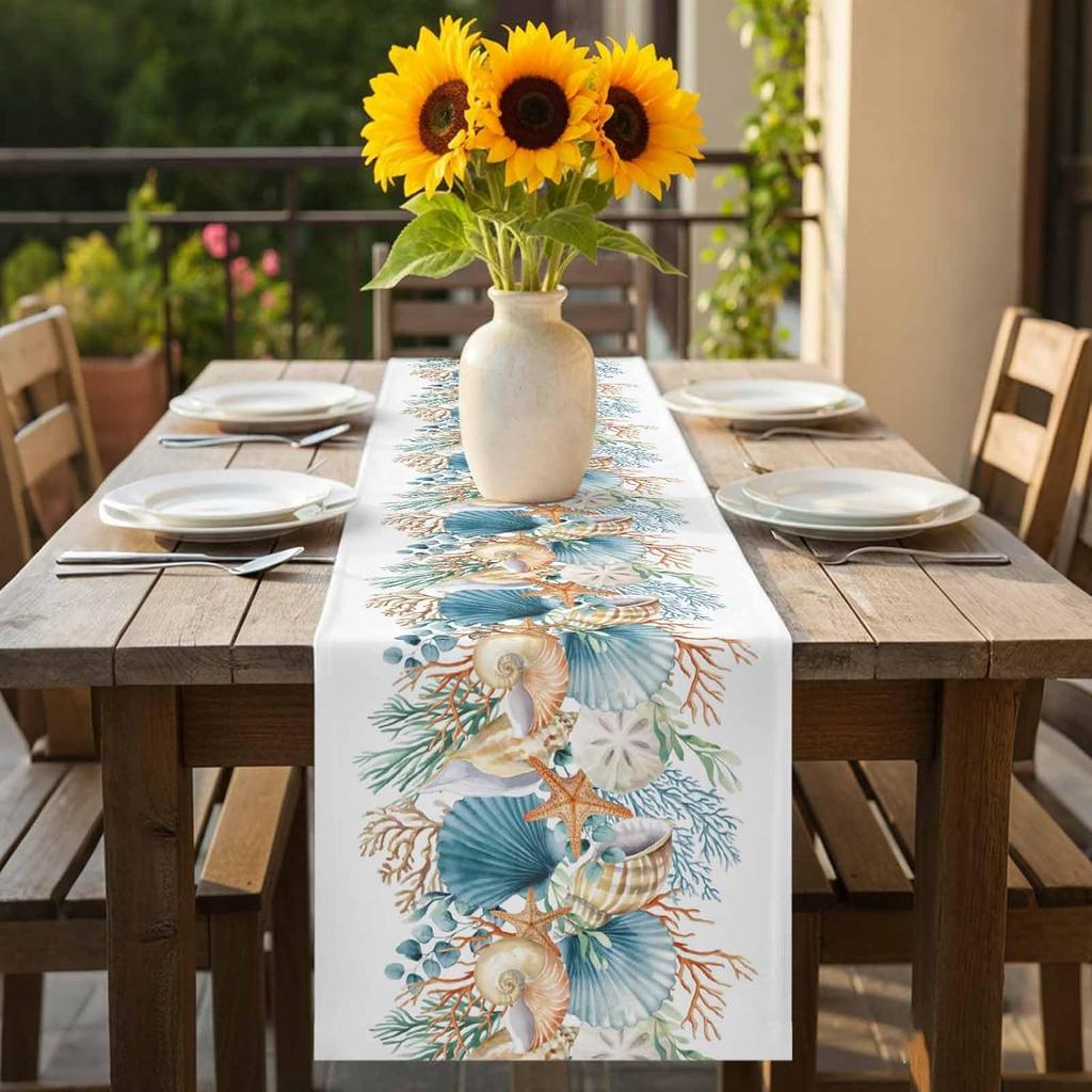 Summer Shell Starfish Coral Marine Life Linen Table Runner Party Decor Reusable Kitchen Dining Table Runner Wedding Decorations