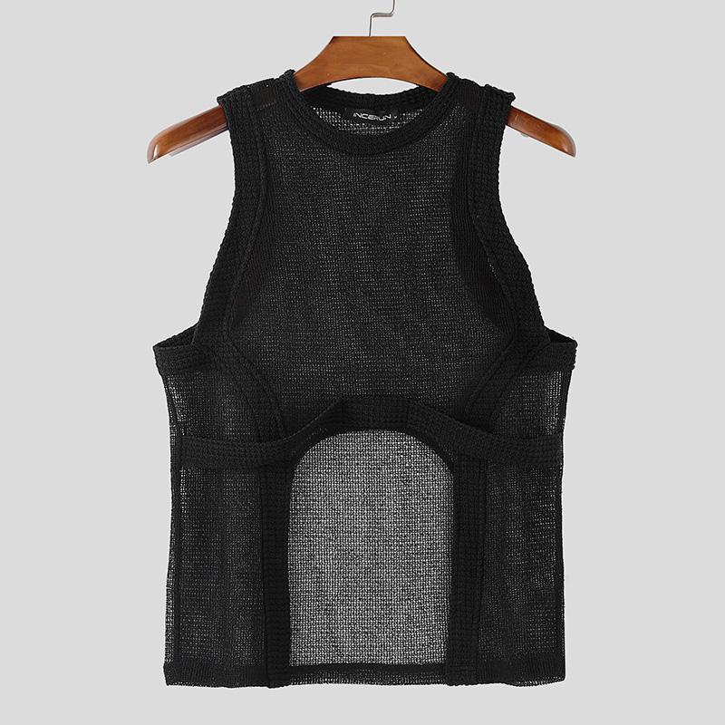 INCERUN Summer Men Sleeveless Stitching Irregular Cutout Hollow Out Tanks Tops