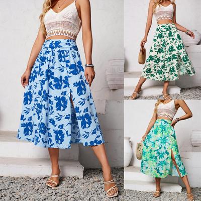 Damen Frühlingsrock mit Blumendruck, Sommer, lässig, A-Linie, hohe Taille, mittellang, geteilte Röcke, S-XL