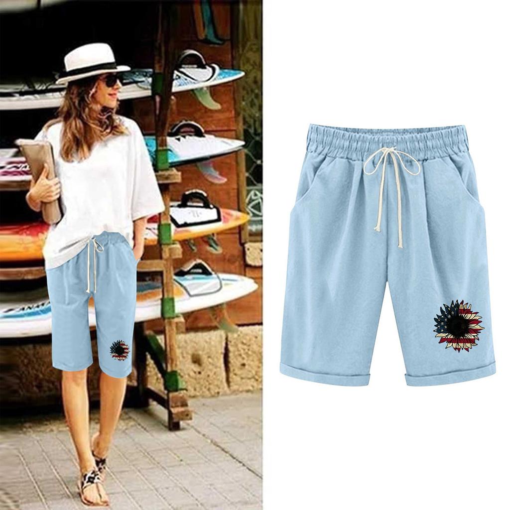 Shorts in Übergröße für Damen, dehnbar, kurvig, aus Baumwolle und Leinen, mit Kordelzug, elastischer Bund, Bermudashorts, lässige Strandkleidung
