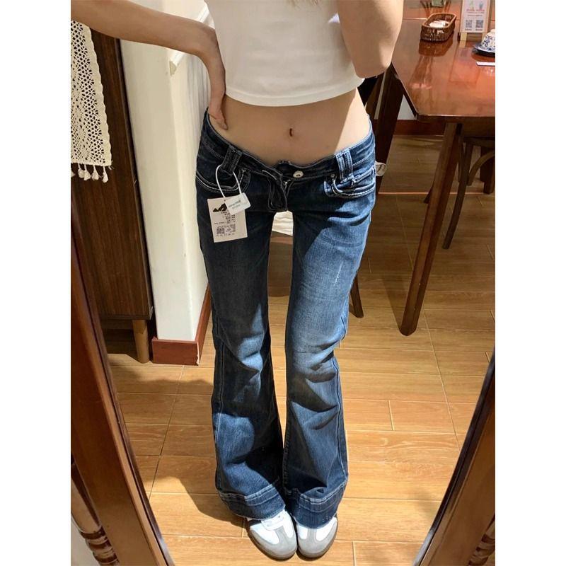 

Women s Retro Dark Blue Low-Rise Distressed Micro-Flare Jeans - Slimming Body-Shaping Bell Bottoms for Autumn. 2XL сине серый
