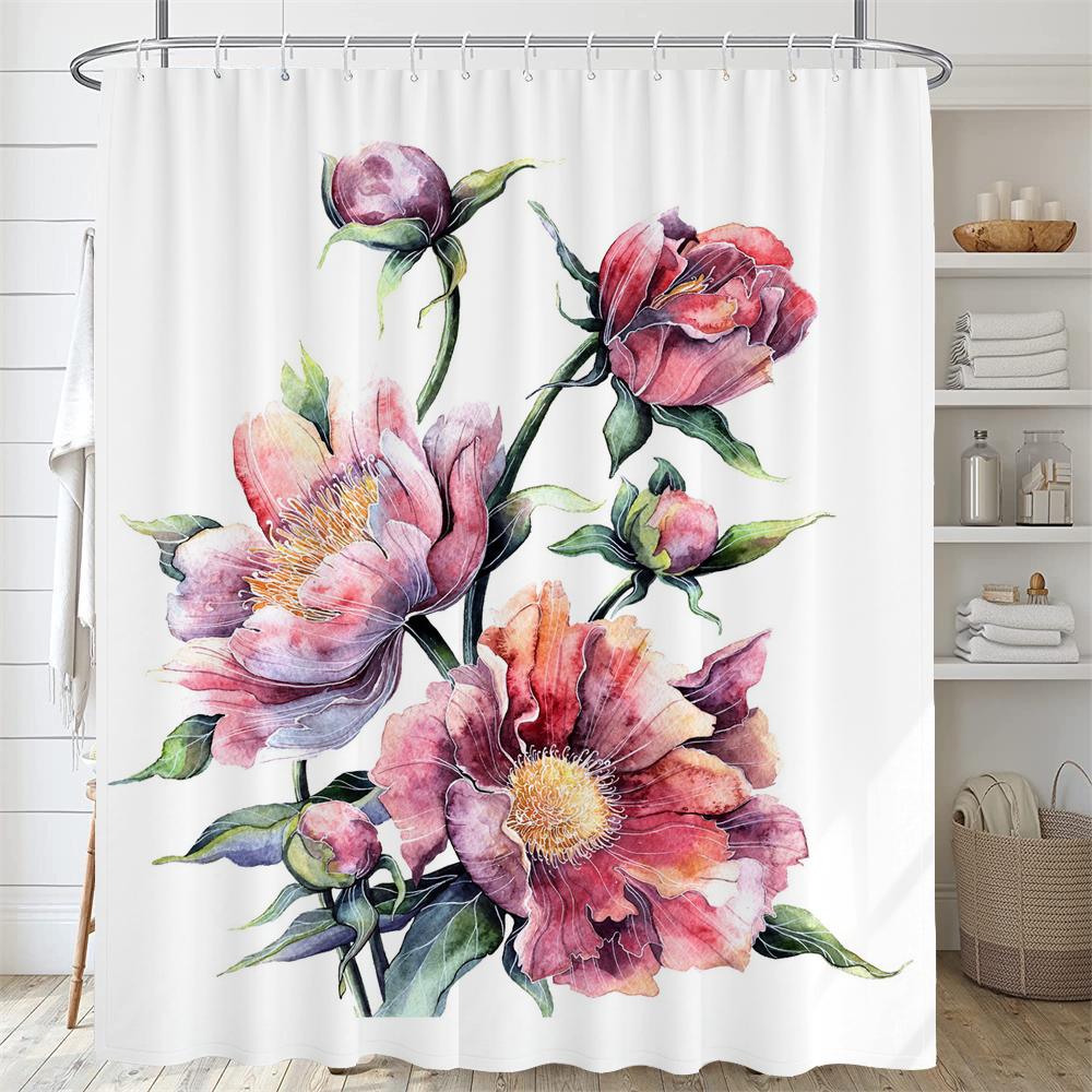 Floral Shower Curtain Watercolor Tulip Print Shower Curtain With Hooks, Waterproof Shower Curtain, Shower Curtains For Bathroom
