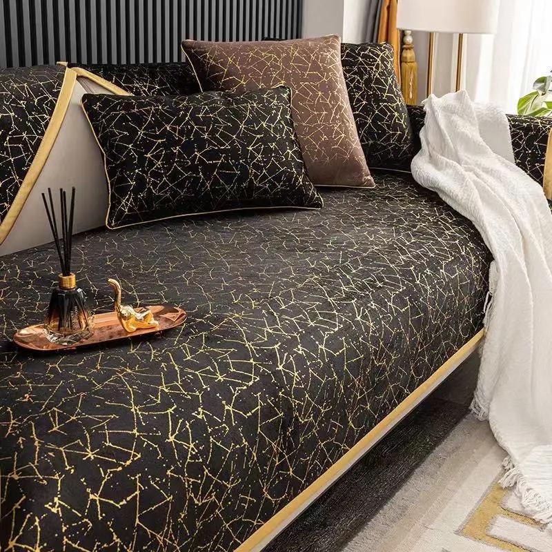 Luxury Embroidery Velvet Sofa Cover for Living Room, Non-Slip, Stamping Stripes, Cushion Mat, Sofa Towel, Home Couch Decor